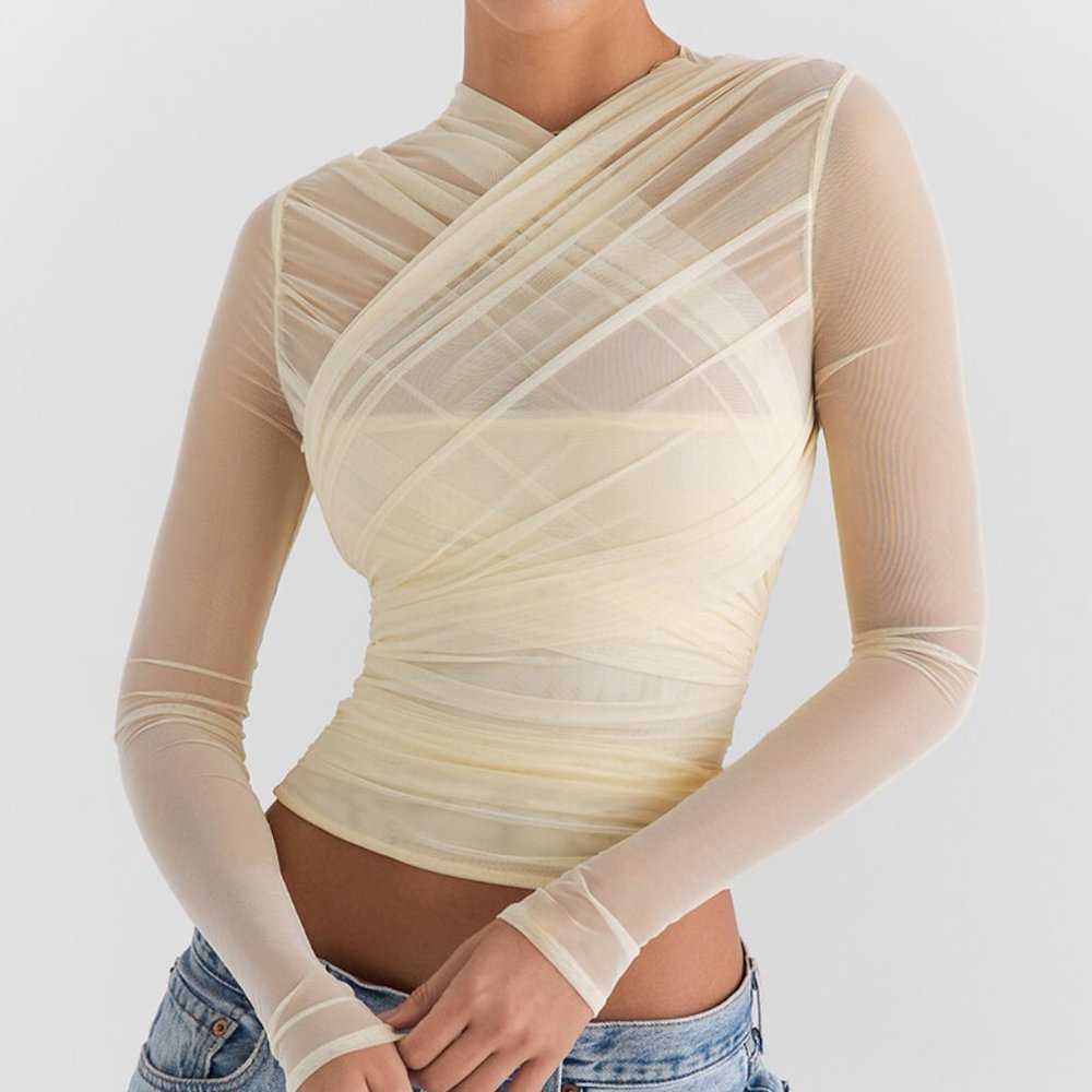 Mistress Rocks POLLEN LAYERED TOP Ruched Yellow Sheer Mesh Corset Going Out Top